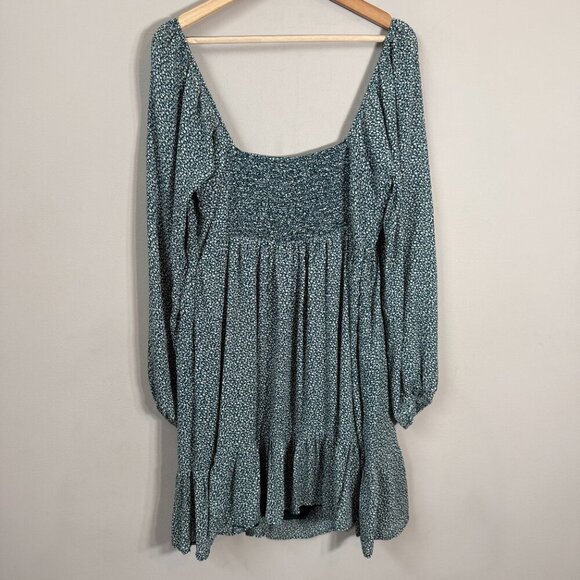 Abercrombie & Fitch Floral Smocked Ruffle Mini Dress Women's Large Tall LT Green - Picture 8 of 11